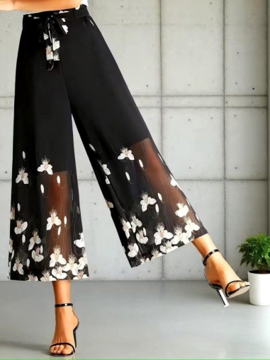  Дамски панталон от шифон с висока талия, флорален принт и подплата, с колан на талията. J12046-7