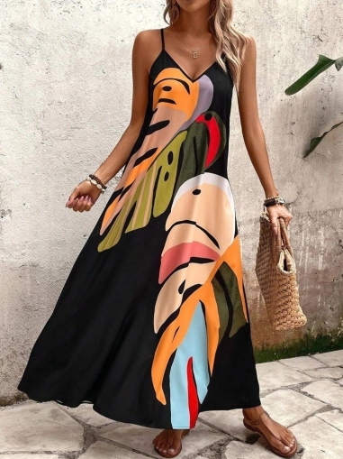 👗 Макси рокля с презрамки и V-образно деколте  J65039 черен