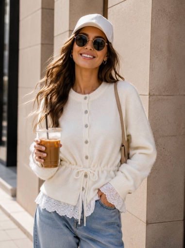 Cardigan de damă cu culori mixte și nasturi J63094 alb/roz
