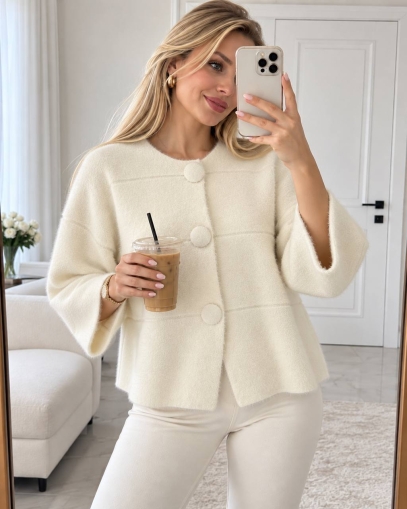 Cardigan de damă cu culori mixte și nasturi J63094 alb/roz