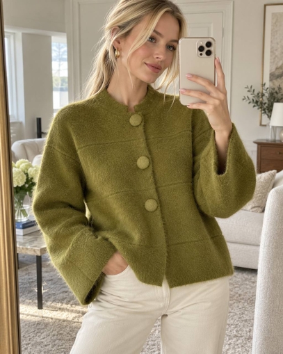 Cardigan de damă cu culori mixte și nasturi J63094 alb/roz