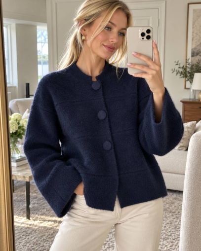 Cardigan de damă cu culori mixte și nasturi J63094 alb/roz