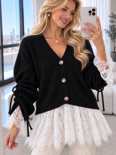 Cardigan de damă cu culori mixte și nasturi J63094 alb/roz