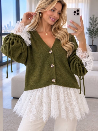 Cardigan de damă cu culori mixte și nasturi J63094 alb/roz