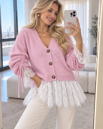 Cardigan de damă cu culori mixte și nasturi J63094 alb/roz