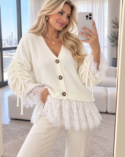 Cardigan de damă cu culori mixte și nasturi J63094 alb/roz