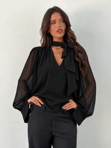  👗Блуза от шифон с дълъг ръкав, V-образно деколте . J46253 черен