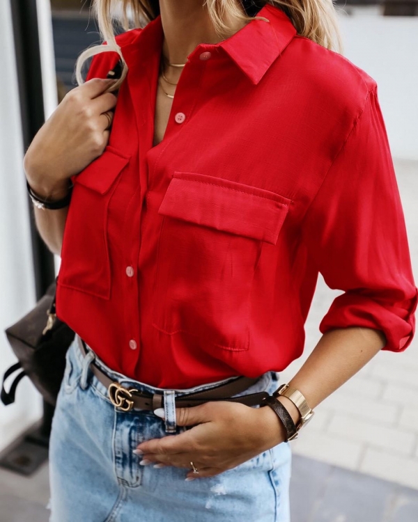 Дамска риза с джобове червена - код 5284 