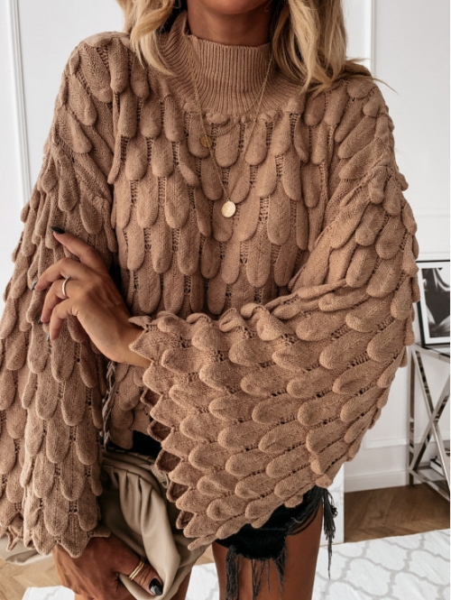 Дамски пуловер с обемен ръкав камел код 00695