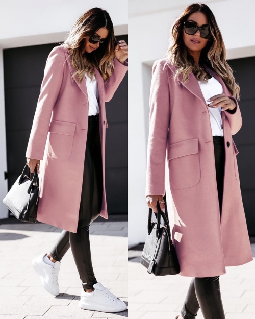 Дамско палто с дължина под коляното и хастар розов код - 5361