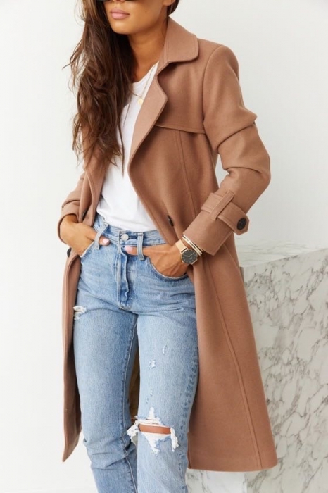Дамско ефектно палто с хастар камел код - 5415 