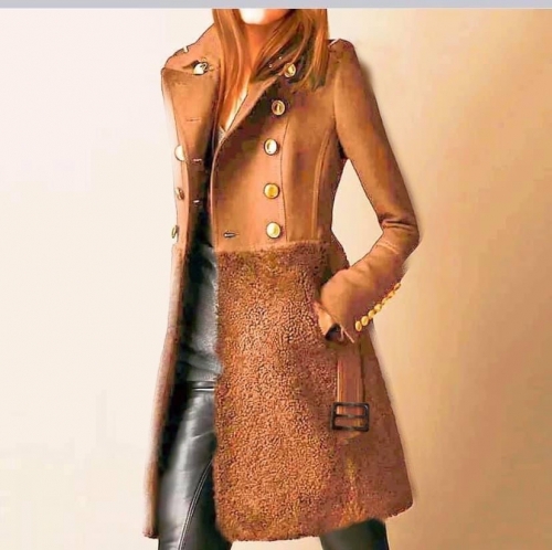 Дамско ефектно палто с хастар камел код 5416