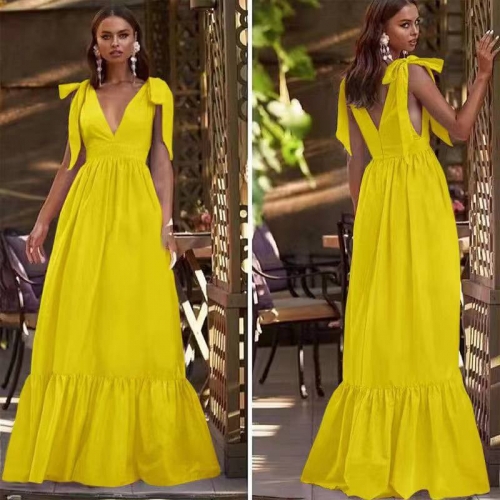 Дамска дълга рокля с връзки 5807 жълт