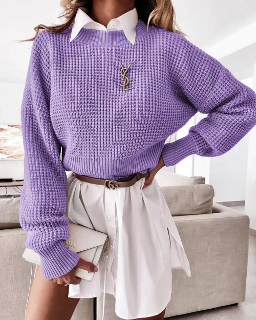 Дамски едноцветен пуловер 00876 лилав