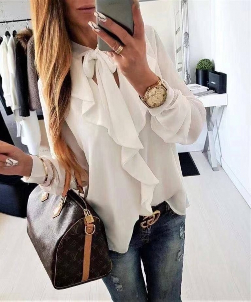 Дамска блуза с панделка на врата 3263 бял