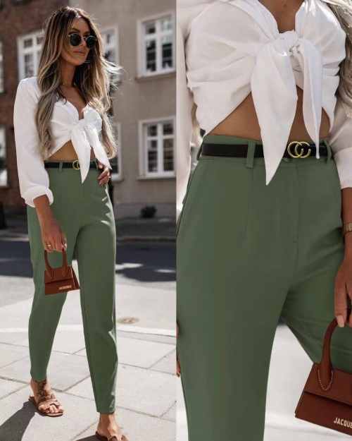 Дамски панталон с колан 5887 тъмно зелен