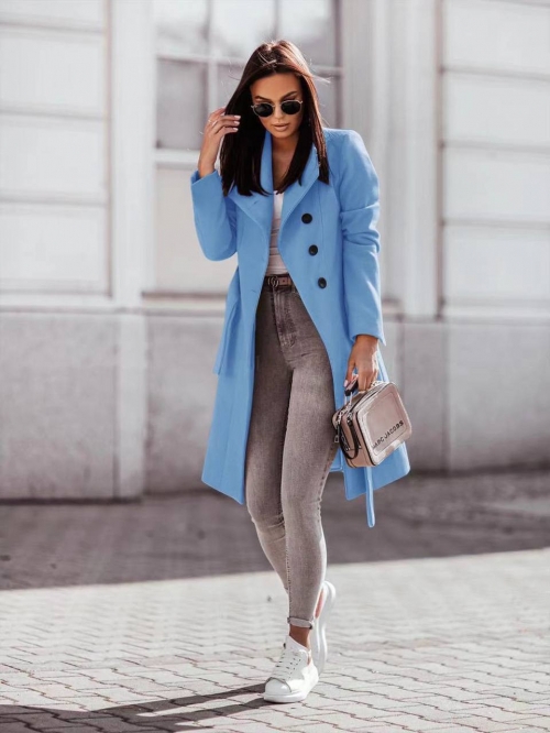 Дамско стилно палто с колан и хастар 6102 светло син