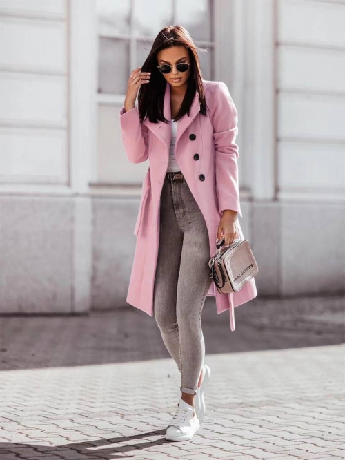Дамско стилно палто с колан и хастар 6102 розов