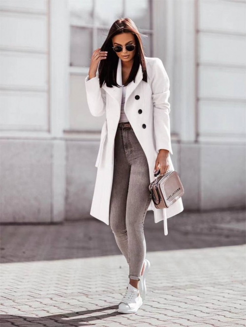 Дамско стилно палто с колан и хастар 6102 бял
