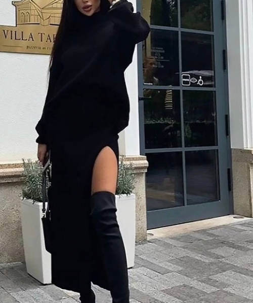 Дамски комплект плетиво пола и блуза 001068 черен
