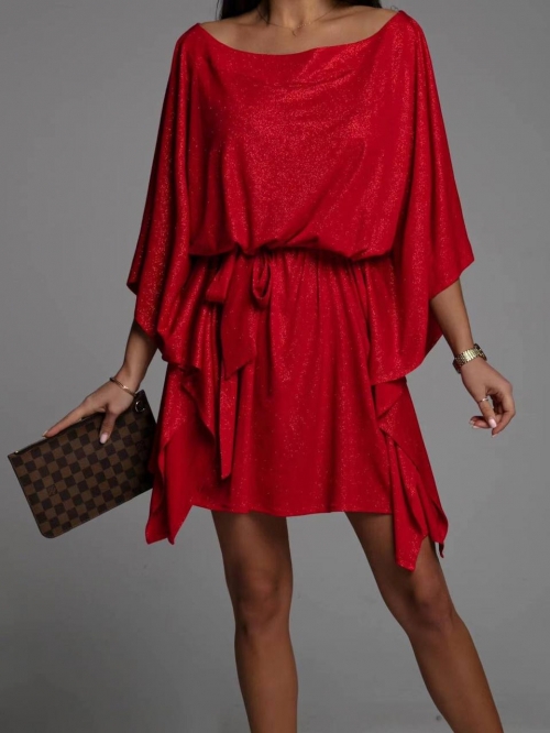 Дамска свободна рокля от бляскава материя 4078 червен