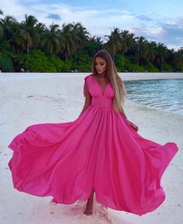 Дамска едноцветна дълга рокля 56460 циклама