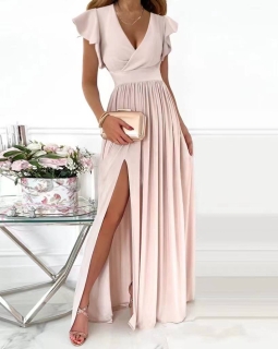 Дамска дълга рокля с цепка 6529 светло розов