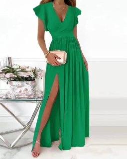 Дамска дълга рокля с цепка 6529  зелен