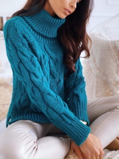 Дамски ефектен пуловер 00810 петролено син