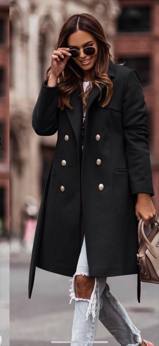 Дамско палто с хастар и двуредно закопчаване 6052 черен