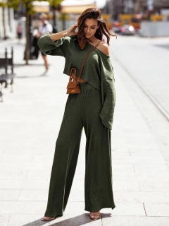 Дамски комплект блуза и панталон 16335 тъмно зелен