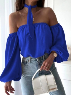 Дамска елегантна блуза + аксесоар 55044 син