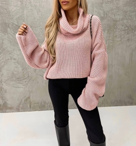 Дамски пуловер с поло яка 83106 розов