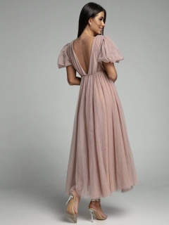 Дамска тюлена дълга рокля 22166 розов