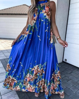 Rochie lunga de dama cu motive florale FG1425 albastru