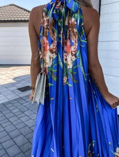 Rochie lunga de dama cu motive florale FG1425 albastru