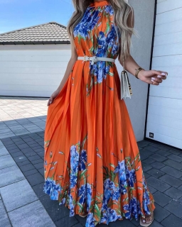 Дамска дълга рокля с флорални мотиви FG1425 оранжев