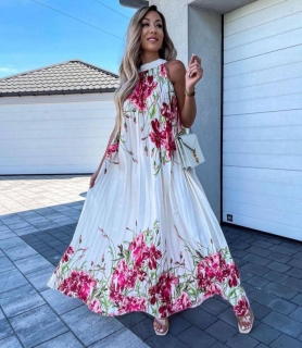 Дамска дълга рокля с флорални мотиви FG1425 бял