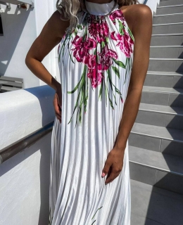 Дамска дълга рокля с флорални мотиви FG1425 бял