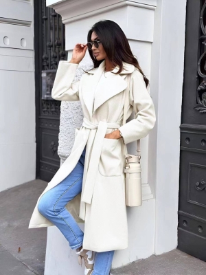 Дамско дълго палто с колан A1277 бял