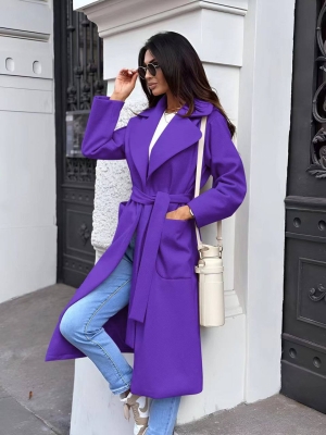 Дамско дълго палто с колан A1277 лилав