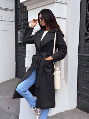 Дамско дълго палто с колан A1277 черен
