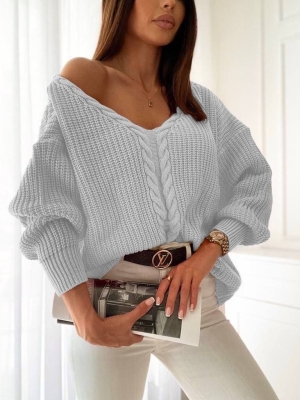 Дамски пуловер с ефектна плетка 1517 сив