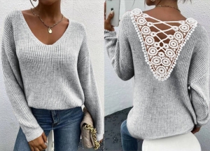 Дамски атрактивен пуловер K88277 сив