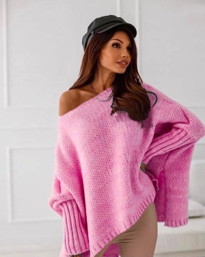 Дамски пуловер с ефектни ръкави 00945 розов