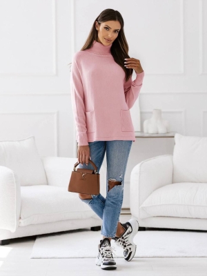 Дамски пуловер с поло яка и джобове 98019 розов