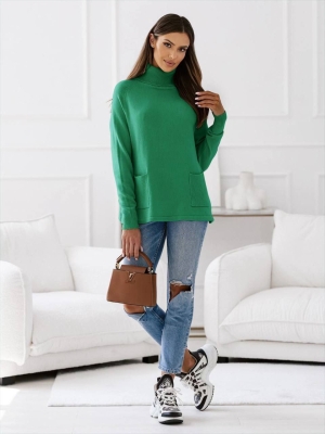 Дамски пуловер с поло яка и джобове 98019 зелен