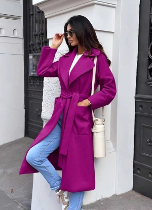 Дамско дълго палто с колан A1277 виолетов