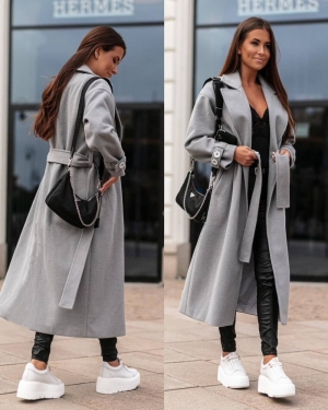 Дамско дълго палто с колан A1418 сив