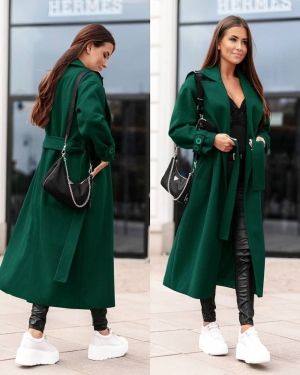 Дамско дълго палто с колан A1418 тъмно зелен